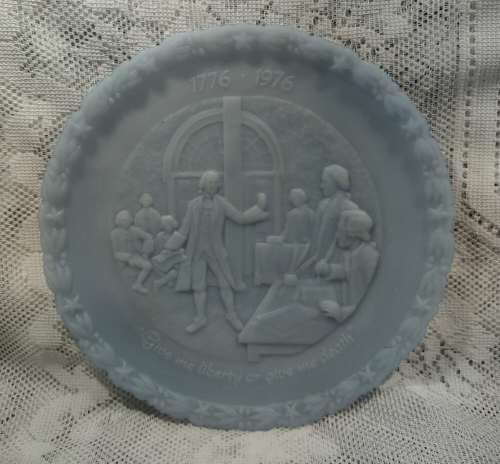 Fenton Blue Satin Commemorative Plate #1 Give me Liberty or Death 1776- 1976